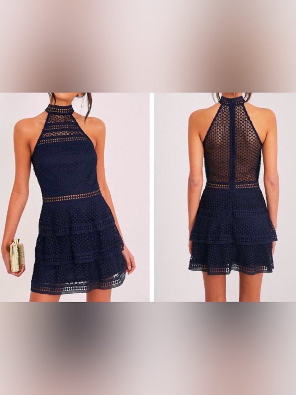 PRETTYLITTLETHING Women’s Navy Halter Lace Fit & Flare Dress